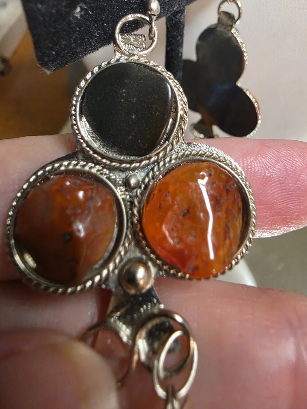 Artisan Tribal Carnelian and Jasper Trefoil  Statement Dangle  Pierced Earrings - Picture 3 of 6